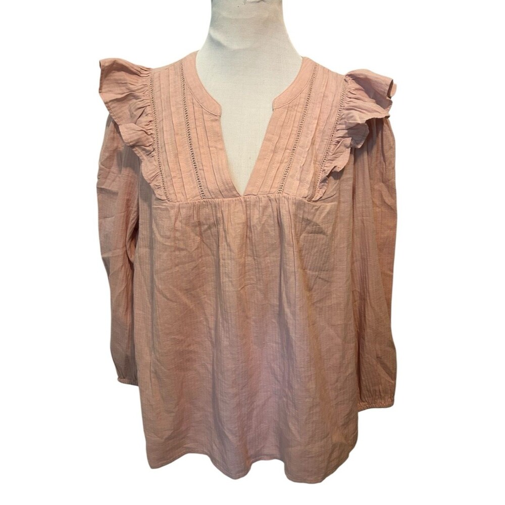 NWT Wonderly Pale Pink Boho Ruffle Yoke LS Top Gauzy Size XL